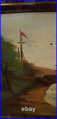 Vintage Primitive Lighthouse Oil Painting on Board Seashore Landscape