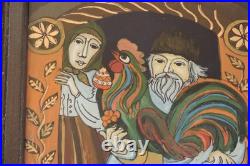 Vintage Romanian Reverse Glass Folk Art Painting Peasant Couple Rooster Frame