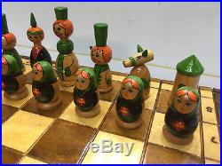 Vintage Russian USSR Babushka Matroshka Chess Set Hand Painted Folk Art With Board