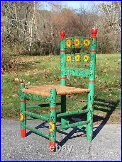 Vintage Rustic Hand Painted Mexican Folk Art Ladder Back Chair Rush Seat Mexico
