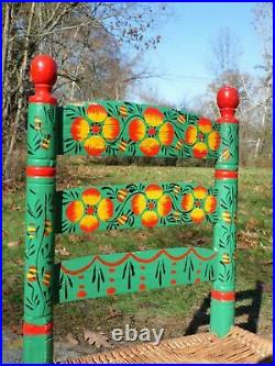 Vintage Rustic Hand Painted Mexican Folk Art Ladder Back Chair Rush Seat Mexico