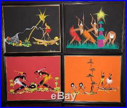 Vintage SET OF 4 African Tribe BELGIAN CONGO Watercolor Gouache Paintings