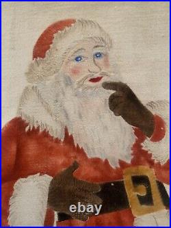 Vintage Santa Claus Theorem Stencil Painting On Velvet Signed Folk Art Nostalgic