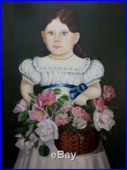 Vintage Signed Americana Portrait Primitive Folk Art Oil Painting Flower Girl