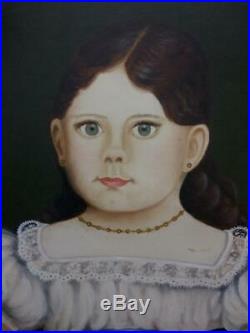 Vintage Signed Americana Portrait Primitive Folk Art Oil Painting Flower Girl