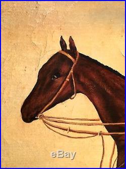 Vintage Signed Folk Art Primitive Jocky Horseback Figure Portrait Painting Frame