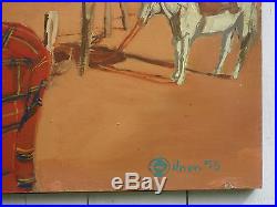 Vintage Signed OILMAN / Oil on Masonite Wood Folk Art Painting Old Cowboy Horse