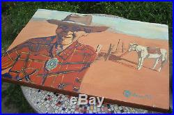 Vintage Signed OILMAN / Oil on Masonite Wood Folk Art Painting Old Cowboy Horse
