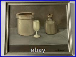 Vintage Signed Oil Painting Still Life Crockery Stoneware STUDY IN GRAY Framed