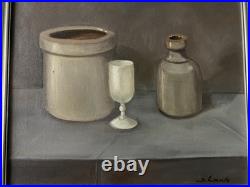 Vintage Signed Oil Painting Still Life Crockery Stoneware STUDY IN GRAY Framed