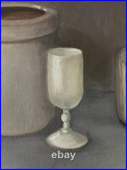 Vintage Signed Oil Painting Still Life Crockery Stoneware STUDY IN GRAY Framed