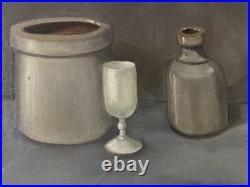 Vintage Signed Oil Painting Still Life Crockery Stoneware STUDY IN GRAY Framed