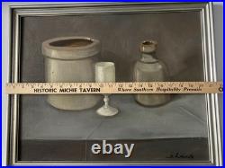 Vintage Signed Oil Painting Still Life Crockery Stoneware STUDY IN GRAY Framed