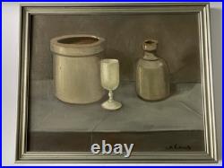 Vintage Signed Oil Painting Still Life Crockery Stoneware STUDY IN GRAY Framed