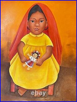 Vintage Signed Rolando Mexican Girl Oil Painting Folk Art Mexico Heritage 2392