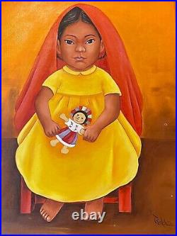 Vintage Signed Rolando Mexican Girl Oil Painting Folk Art Mexico Heritage 2392