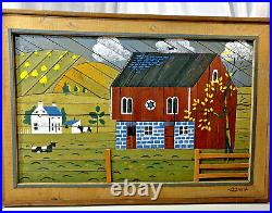 Vintage Signed Theodore Degroot Lath Wood Mosaic Folk Art Farm Painting 37x25