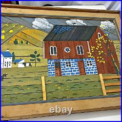 Vintage Signed Theodore Degroot Lath Wood Mosaic Folk Art Farm Painting 37x25