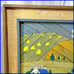 Vintage Signed Theodore Degroot Lath Wood Mosaic Folk Art Farm Painting 37x25