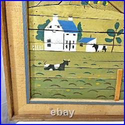 Vintage Signed Theodore Degroot Lath Wood Mosaic Folk Art Farm Painting 37x25