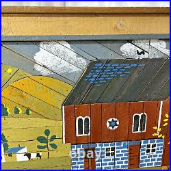 Vintage Signed Theodore Degroot Lath Wood Mosaic Folk Art Farm Painting 37x25