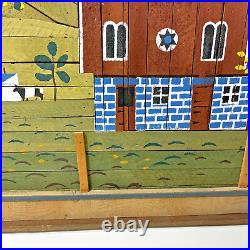 Vintage Signed Theodore Degroot Lath Wood Mosaic Folk Art Farm Painting 37x25