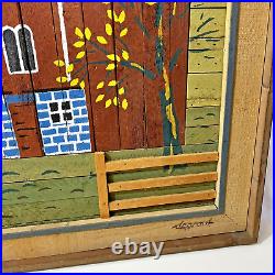 Vintage Signed Theodore Degroot Lath Wood Mosaic Folk Art Farm Painting 37x25