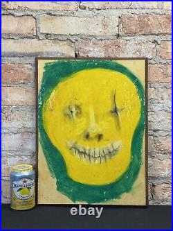 Vintage Skull Painting Wall Plaque Folk Art Mixed Media 1970s Creepy Weird OOAK