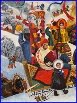 Vintage Slavic / Russian Folk Art Painting on Canvas Maslenista Celebration Vintage Slavic / Russian Folk Art Painting on Canvas Maslenista Celebration