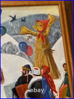 Vintage Slavic / Russian Folk Art Painting on Canvas Maslenista Celebration Vintage Slavic / Russian Folk Art Painting on Canvas Maslenista Celebration