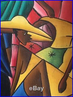 Vintage St Vil Haiti Haitian Canvas Painting Folk Art Black Americana Abstract