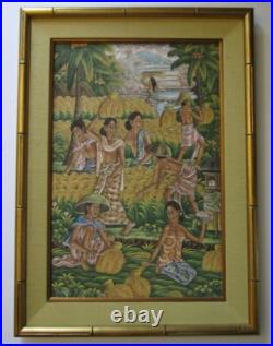 Vintage Suasa Painting Ubud Bali Folk Art Master Tropical Farm Mountain Figures