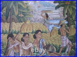 Vintage Suasa Painting Ubud Bali Folk Art Master Tropical Farm Mountain Figures