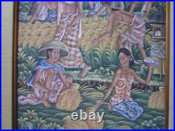 Vintage Suasa Painting Ubud Bali Folk Art Master Tropical Farm Mountain Figures