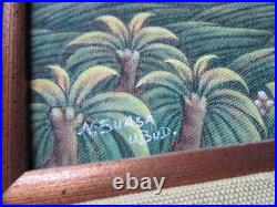 Vintage Suasa Painting Ubud Bali Folk Art Master Tropical Farm Mountain Figures