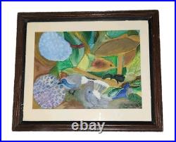 Vintage Surrealist Folk Art Painting Birds Mushrooms Forest Scene 19x16 Framed Vintage Surrealist Folk Art Painting Birds Mushrooms Forest Scene 19x16 Framed