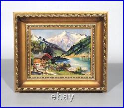 Vintage Swiss Oil Painting Naive Folk Art Chalet Switzerland Alps Mountains Lake