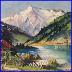 Vintage Swiss Oil Painting Naive Folk Art Chalet Switzerland Alps Mountains Lake