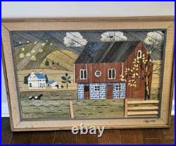 Vintage Theodore Degroot Lath Art Farm Wood Mosaic 37x25 Signed Folk Vintage Theodore Degroot Lath Art Farm Wood Mosaic 37x25 Signed Folk