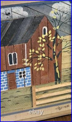 Vintage Theodore Degroot Lath Art Farm Wood Mosaic 37x25 Signed Folk Vintage Theodore Degroot Lath Art Farm Wood Mosaic 37x25 Signed Folk