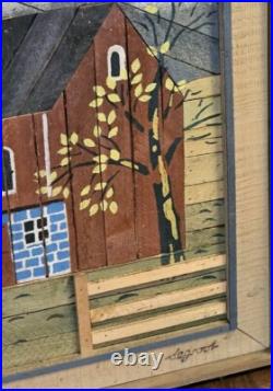 Vintage Theodore Degroot Lath Art Farm Wood Mosaic 37x25 Signed Folk Vintage Theodore Degroot Lath Art Farm Wood Mosaic 37x25 Signed Folk