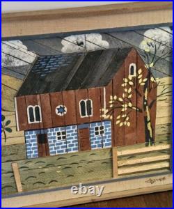 Vintage Theodore Degroot Lath Art Farm Wood Mosaic 37x25 Signed Folk Vintage Theodore Degroot Lath Art Farm Wood Mosaic 37x25 Signed Folk