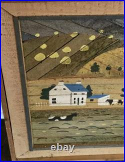 Vintage Theodore Degroot Lath Art Farm Wood Mosaic 37x25 Signed Folk Vintage Theodore Degroot Lath Art Farm Wood Mosaic 37x25 Signed Folk
