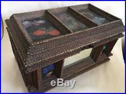 Vintage Tramp Art Box With Mirror Hand Painted Flowers Nice Antique Folk Art