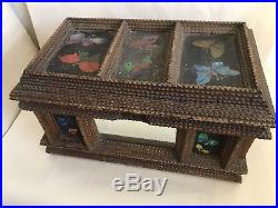 Vintage Tramp Art Box With Mirror Hand Painted Flowers Nice Antique Folk Art
