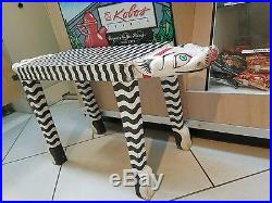 Vintage Unusual Folk Art Hand Painted Wood Striped Cat Side Table/Bench Seat