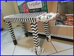 Vintage Unusual Folk Art Hand Painted Wood Striped Cat Side Table/Bench Seat