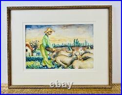 Vintage Watercolor Farm Herder Landscape Gold Framed Painting Folk Art