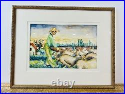 Vintage Watercolor Farm Herder Landscape Gold Framed Painting Folk Art