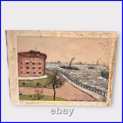 Vintage Watercolor Guard House Fort Jay Harbor Scene New York Painting Folk Art